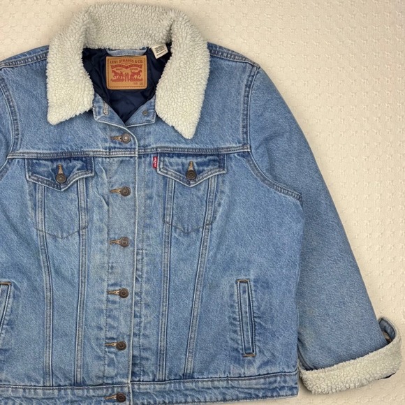 Levi's Denim Trucker Jacket Womens Plus 1X Blue Sherpa Quilted Button Front Chic - Picture 13 of 16